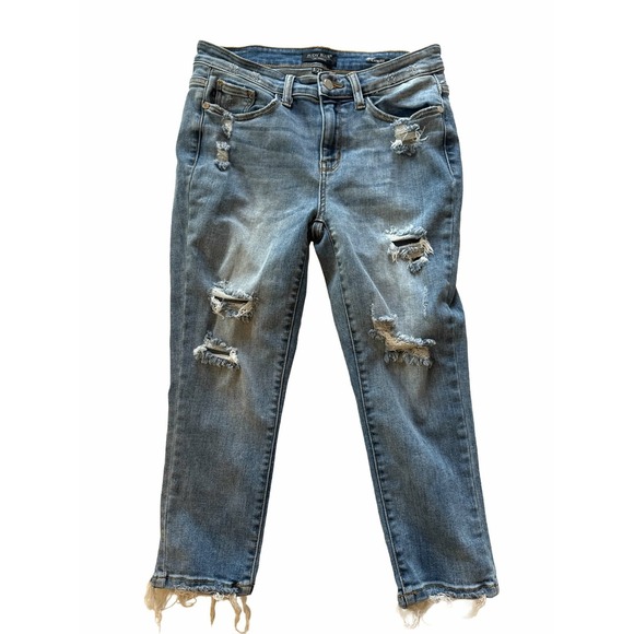 Judy Blue Denim - Judy Blue Capri Fit Distressed Boyfriend Jeans High Rise Blue Stretch Size 27